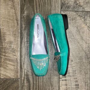 Bellini Green Suede leather slipon Flats with Rhinestone ornated fringe